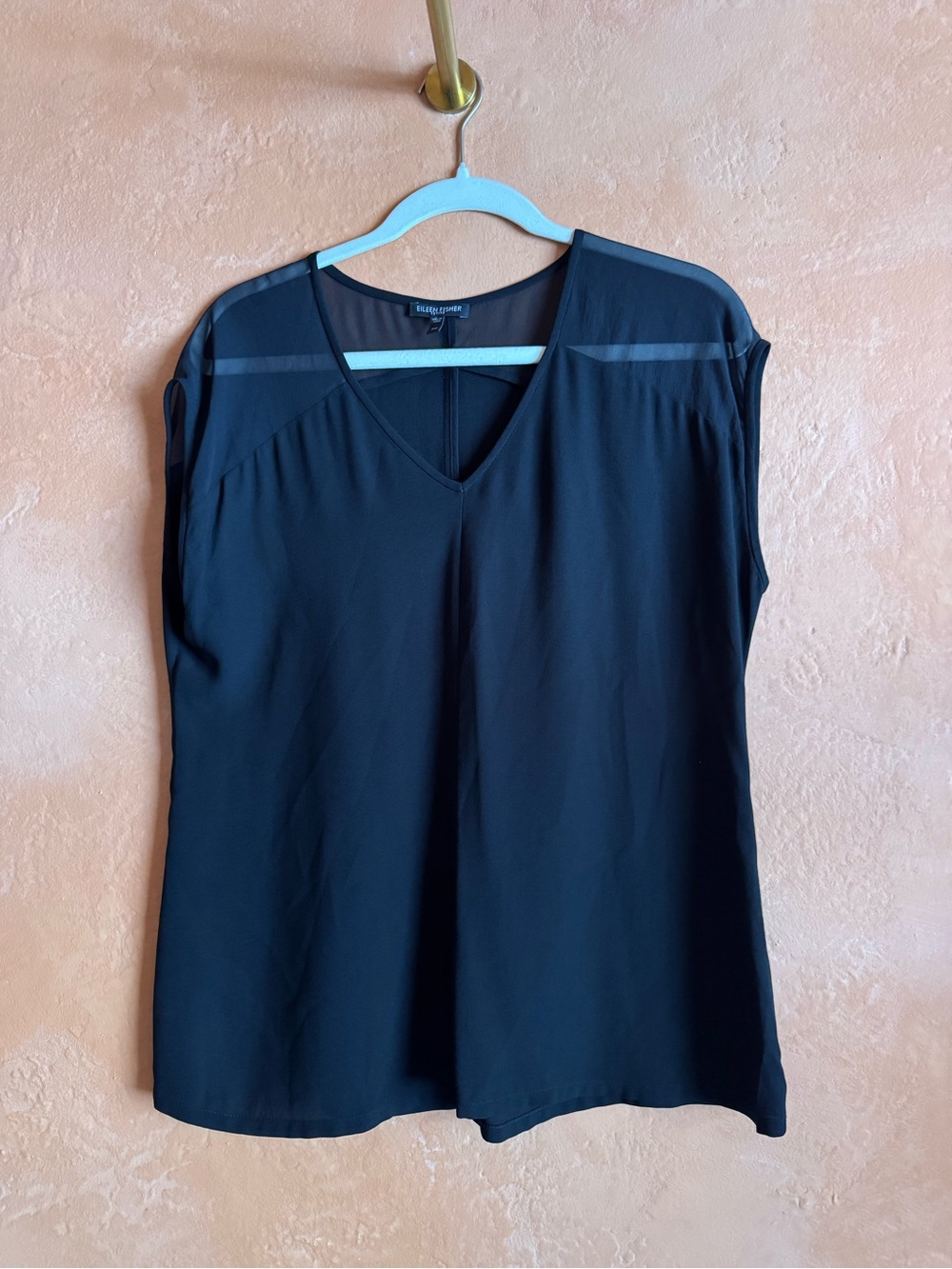 Eileen Fisher 100% Silk Sheer Yoke Sleeveless Blouse PM